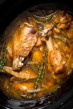 the chicken is cooked and ready to be served in the crock pot for dinner