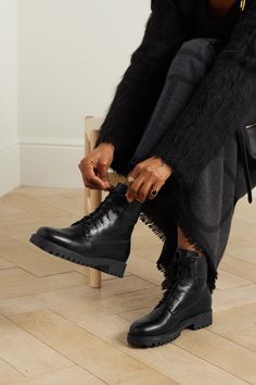 TOTEME's 'The Husky' boots are a truly timeless investment. Crafted from smooth black leather, they have a classic combat design and rest on chunky lug soles for traction. Wear yours with everything from straight-leg jeans to floaty skirts.<br><br>This product was created using Considered Processes. Find out more about NET SUSTAIN <a href="https://www.net-a-porter.com/en-gb/campaigns/net-sustain">here.</a> Shoes Boots Combat, Designer Outfits, Shoes Boots Ankle, Luxury Women Fashion, Moto Boots, Lug Sole, Black Leather Boots, Leather Working, Leather And Lace