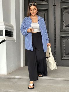 Blue Casual Collar Long Sleeve Woven Fabric Striped Shirt Embellished Non-Stretch  Women Plus Clothing Plus Size Shirt Outfit, Over Size Shirt Outfit Women, Casual Outfits Plus Size Women, Plus Size Modest Summer Outfits, Stripes Top Outfit, Oversized Striped Shirt Outfit, Summer Modest Outfits Casual, Summer Work Outfits Women