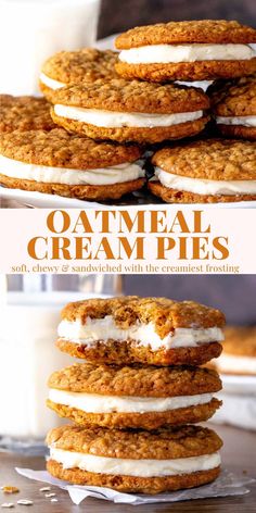 oatmeal cream pies are stacked on top of each other with white frosting