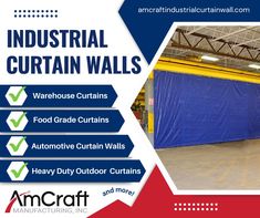 an advertisement for industrial curtain walls in a warehouse with instructions on how to install them