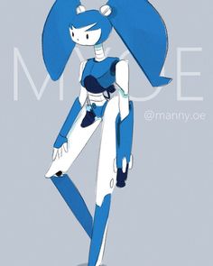 a blue and white robot is standing in front of a gray background with the word meme on it