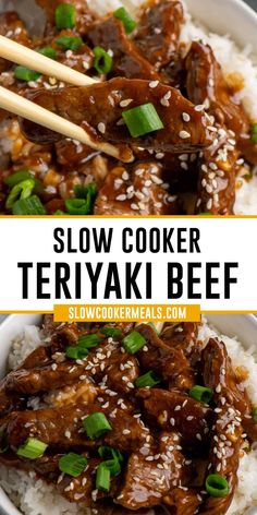 slow cooker teriya beef served over rice with chopsticks