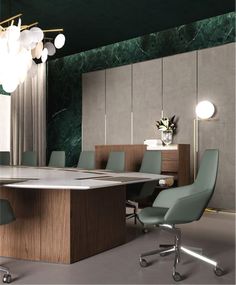 a conference table and chairs in a room with green marble walls, flooring and lighting