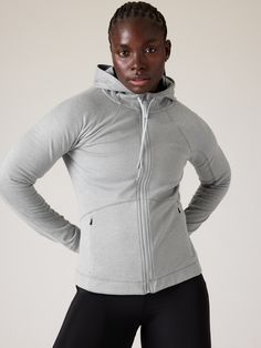 FOR: Medium to high-impact workouts at the gym, studio, or outdoors FEEL: Flex Fleece fabric has a cozy, brushed feel with all-around stretch FAVE: Thumbholes hold sleeves in place and keep warmth in Secure zip pockets to store your essentials Internal pocket to stash essentials Semi-fitted, skims easily over the body Regular length, hits at the hip Body length in size medium: Regular: 25" Petite: 24" Plus: 28" Tall: 27". Now available in plus sizes 1X to 3X. Workouts At The Gym, Gym Studio, Bra Dress, Girl Online, At The Gym, Workout Jacket, Heather Black, Zip Sweatshirt, Zip Jacket