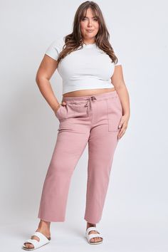 Sweet Pink Stretch Straight Leg Pants With Drawstring, Stretch Cargo Pants With Elastic Waistband For Loungewear, Straight Leg Cargo Pants With Drawstring For Loungewear, Stretch Straight Leg Bottoms With Drawstring, Casual Pink Cargo Pants For Loungewear, Comfortable Pink Bottoms With Drawstring, Comfortable Mid-rise Pants With Elastic Waistband, Comfortable Pink Drawstring Bottoms, Relaxed Fit Mid-rise Pants With Drawstring