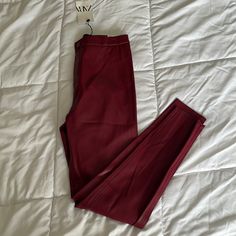 - New, With Tags - Size: Small - Color: Red/Burgundy - Snap Button And Zipper Enclosure - Bottom Outer Zipper On Hem Black Bell Bottoms, Asymmetric Jumpsuit, Zara Leather Pants, High Waisted Trouser Pants, Snake Print Pants, Zara Trousers, Leather Legging, Crochet Romper, Zara Jumpsuit