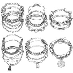 PRICES MAY VARY. 【Multi-layer Bracelet Design Pack】: 6 set of different styles of fashion silver bracelets, 18 individual bracelets (including 5PCS bangles), there are bold and light chains, and delicate thick bracelets, with different pendants, a variety and value package, enrich your jewelry choices. 【Fine Quality】: 17IF jewelry are made of high-quality alloy materials, using a unique silver-plated technology manufacturing, do their best to grow the life of the product and protect the appearan Chunky Silver Jewellery, Layered Bangles, Bracelet Pack, Bracelet Set Silver, Womens Bangles, Gold Bracelet Set, Gold And Silver Bracelets, Silver Bracelets For Women, Bracelets Set