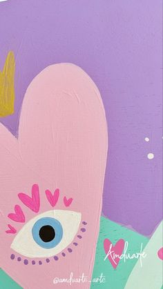 an abstract painting of a pink heart with blue eyes and gold crown on it's head