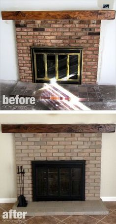 before and after pictures of a brick fireplace