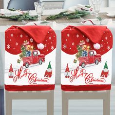 two christmas themed chairs with santa hats on them