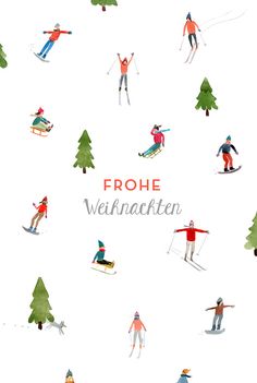 people are skiing and snowboarding in the snow with trees around them that says bonnes fetes