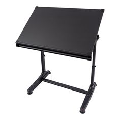 a black computer desk sitting on top of a white background