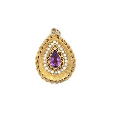 "Vintage 14k yellow gold tear drop Amethyst and pearl locket pendant charm. The amethyst measures 12 x 7mm and is surrounded by 24 2.5-3mm pearls. The pendant measures 1.5\" tall and 1.12\" wide. The charms weighs 16.57 grams." Pearl Locket, Plain Bands, Gold Engraving, Gold Initial, Onyx Ring, Tear Drop, Gold Charm, Locket, Beautiful Rings