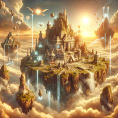 an island in the sky with lots of clouds and birds flying around it, surrounded by other floating objects