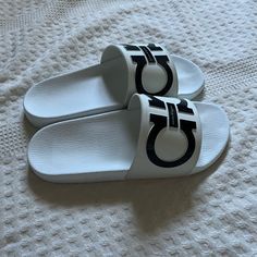 Hi I Am Selling These Salvatore Ferragamo Slides Pursues A Month Or Two Ago Only Tried On Once Didn’t Fit Me Purchased At Nordstrom Rack White Leather Sole Slides For Spring, White Slides With Leather Sole For Spring, White Leather Slides With Rubber Sole, Classic White Slides With Round Toe, White Leather Sole Slip-on Slides, White Slides With Rubber Sole And Round Toe, White Round Toe Slides With Rubber Sole, Designer White Sandals With Rubber Sole, White Slides With Leather Sole And Round Toe