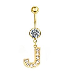 the letter j with clear crystal stones is attached to a gold plated belly ring