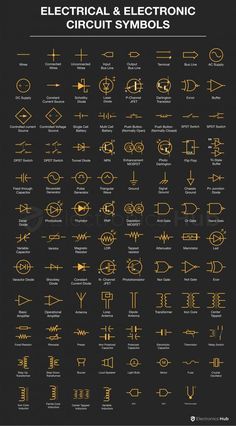 the electrical and electronic circuit symbols are shown in gold on a black background with white lettering