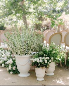 white vases filled with flowers and greenery next to rows of chairs in the background