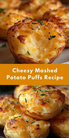 cheesy mashed potato puffs recipe on a plate with text overlay