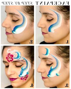 Dolphin Makeup, Face Painting Videos, Face Paint Step By Step, Dolphin Face Paint, Paint Step By Step, Mermaid Face Paint, Face Painting Unicorn