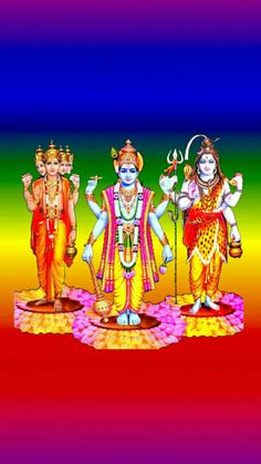 three deities standing in front of each other on a rainbow colored background with an ombretta