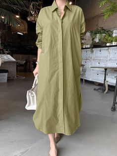 Long Sleeve Casual Dress, Khaki Dress, Sweater Dress Midi, White Shirt Dress, Vestido Casual, Black Shirt Dress, Casual Shirt, Green Fashion, Long Sleeve Casual