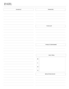 a printable daily planner is shown with the date and time in black on white