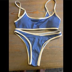 Never Worn Shein Bikini That Is Blue With Tan Trim. Summer Is Here! Belly Shirts, Tan Trim, Summer 25, Summer Ideas, Summer Is Here, Swimmers, Blue Cream