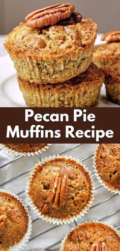 pecan pie muffins are stacked on top of each other and ready to be eaten