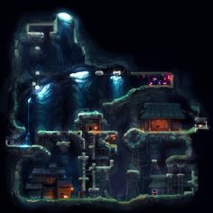 an image of a game map in the dark with lights on and water flowing from it