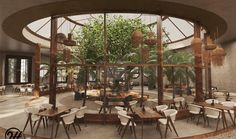 an artistic rendering of a restaurant with tables, chairs and potted plants in the center