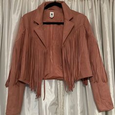 Boutique Brand Nwot Fringe Suede Jacket Color: Blush Size S Pink Cropped Outerwear For Spring, Pink Cropped Outerwear For Fall, Chic Cropped Pink Outerwear, Cream Fringe Outerwear For Winter, Chic Pink Cropped Outerwear, Chic Beige Outerwear With Fringe, Spring Suede Outerwear With Fringe, Chic Beige Fringe Outerwear, Brown Long-sleeve Fringe Outerwear