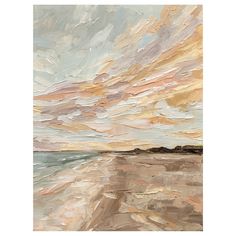 an abstract painting of the sky and water with oranges, pinks, yellows and browns