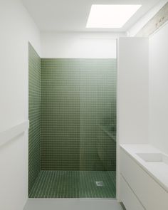 a green tiled shower in a white bathroom