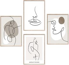 four abstract art prints in various shapes and sizes on a white wall above them is an image of a woman's face