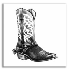 a black and white drawing of a cowboy boot