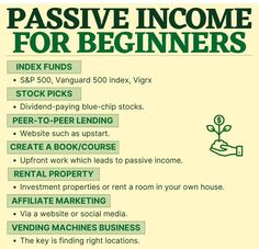 a poster with the words passive income for beginners in green and black lettering on it