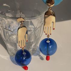 Hands & Blue Glass Ball Drop Earrings Trendy Jewelry Ideas, Hand Earrings, Blue Dangle Earrings, Ball Drop, Earring Stand, Long Drop Earrings, Earrings Inspiration, Ball Pendant, Trendy Earrings