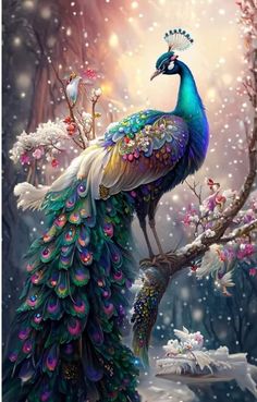 a painting of a peacock sitting on a tree branch in the snow with flowers around it