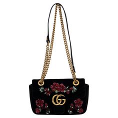 Gucci marmont preloved small, cross body or shoulder bag. Black velvet exterior with beaded embellishment representing flowers and leaves. Pink silk lining and antique gold hardware. Shoulder drop 12"/22". Comes with original dust cover. Gucci Marmont Velvet, Crystal Belt, Gucci Marmont, Shoulder Bag Black, Pink Silk, Dust Cover, Flowers And Leaves, Fashion Handbags, Black Velvet