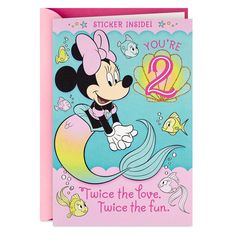 a greeting card with minnie mouse on the front and under it, says you're twice