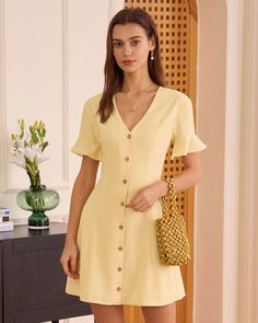 The Yellow V Neck Ruffle Button-up Mini Dress & Reviews - Yellow - Dresses | RIHOAS Yellow Mini Dress, Yellow Short, Mini Robes, Ruffle Mini Dress, Neck Ruffle, Types Of Dresses, Floral Mini Dress, V Neck Dress, Yellow Dress