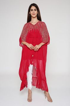 Buy Ritu Kumar Off White Wool Dori Work Kaftan With Inner Online | Aza Fashions Georgette Kaftan, Pearls Embroidery, Pink Kaftan, Kaftan Set, V Neck Kaftan, Embroidered Kaftan, Rani Pink, Pearl Embroidery, Ritu Kumar