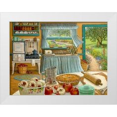 a painting of a kitchen with an apple pie on the counter and other items around it