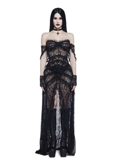 Widow Sheer Strapless Lace Mesh Maxi Dress With Tiers - Black – Dolls Kill Fitted Off-shoulder Maxi Dress With Lace Trim, Gothic Sheer Lace Dress, Sheer Lace Gothic Dress, Evening Lace Maxi Dress With Sheer Sleeves, Evening Lace Maxi Dress With Ruffles, Floor-length Lace Dress With Ruffles, Fitted Lace Strapless Dress With Ruffles, Lace Strapless Dress With Ruffles For Party, Sheer Lace Maxi Length Gown