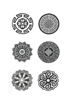 six circular designs in black and white on a white background, each with an individual's own design