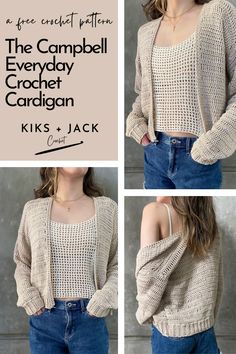 Girl wearing crochet cardigan Crochet Sweater With Pockets, Crochet Cropped Cardigan Pattern Free Easy, Light Cardigan Crochet Pattern, Light Crochet Cardigan, Easy Crochet Sweater Pattern Free Cardigans, Lightweight Crochet Cardigan, Crochet Patterns Cardigan Free, Crochet Mesh Cardigan Pattern Free, Simple Crochet Top Pattern Free