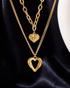 Elluis - Elegantly Designed Heart Shaped Hollow Out Stackable Chain Pendant Necklace - Set of 1 Heart Shaped Double Chain Metal Jewelry, Heart-shaped Metal Jewelry With Double Chain, Heart-shaped Chain Necklace With Adjustable Chain For Mother's Day, Mother's Day Heart Necklace With Chain, Double Heart Metal Chain Necklace, Metal Chunky Chain Necklace For Valentine's Day, Chunky Chain Metal Necklace For Valentine's Day, Valentine's Day Chain Link Jewelry, Heart-shaped Chunky Chain Necklace For Valentine's Day