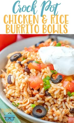 chicken and rice burrito bowls with sour cream on top